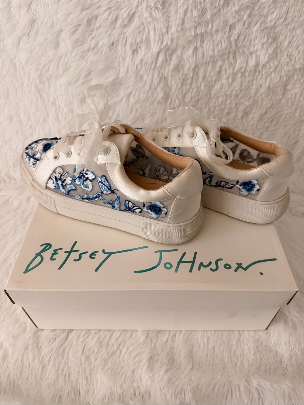 Betsey Johnson White Sneakers with Blue Floral Embroidered Panels